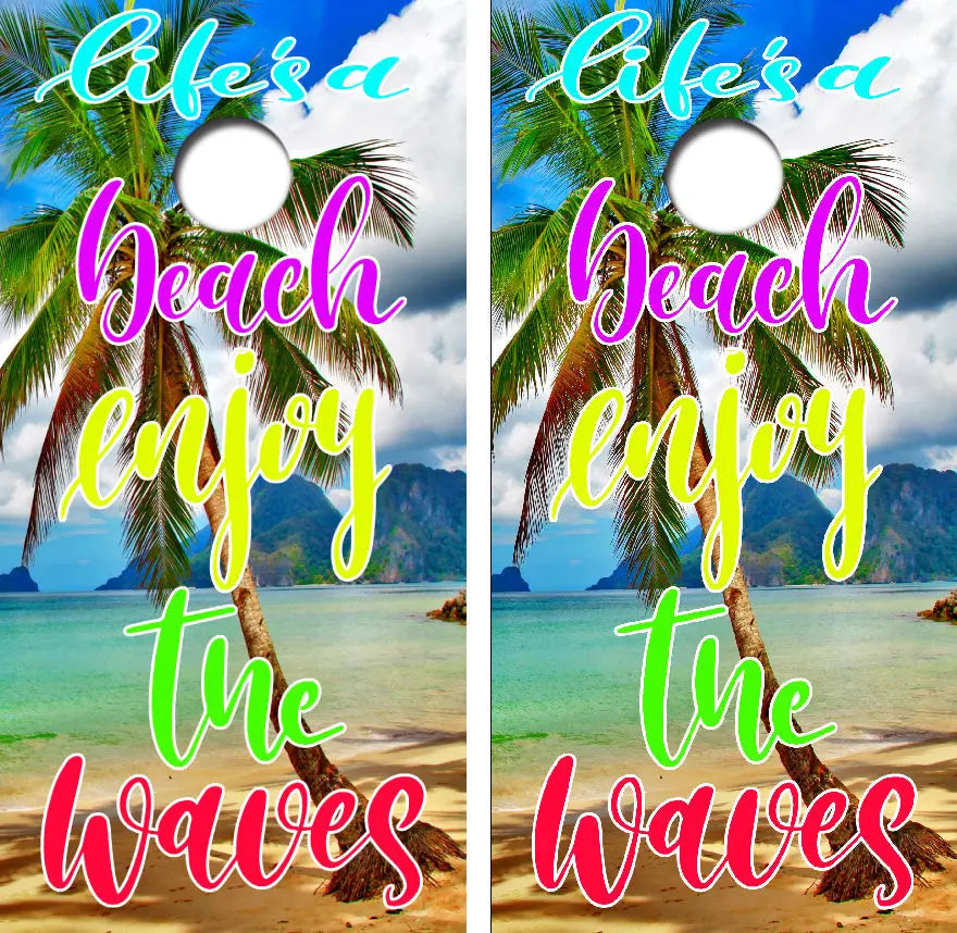 Life's A Beach Enjoy The Waves Cornhole Wrap Decal with Free Laminate Included Ripper Graphics
