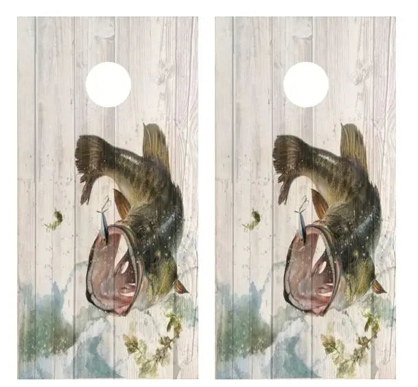 Leaping Bass Barnwood Cornhole Wood Board Skin Wrap Ripper Graphics