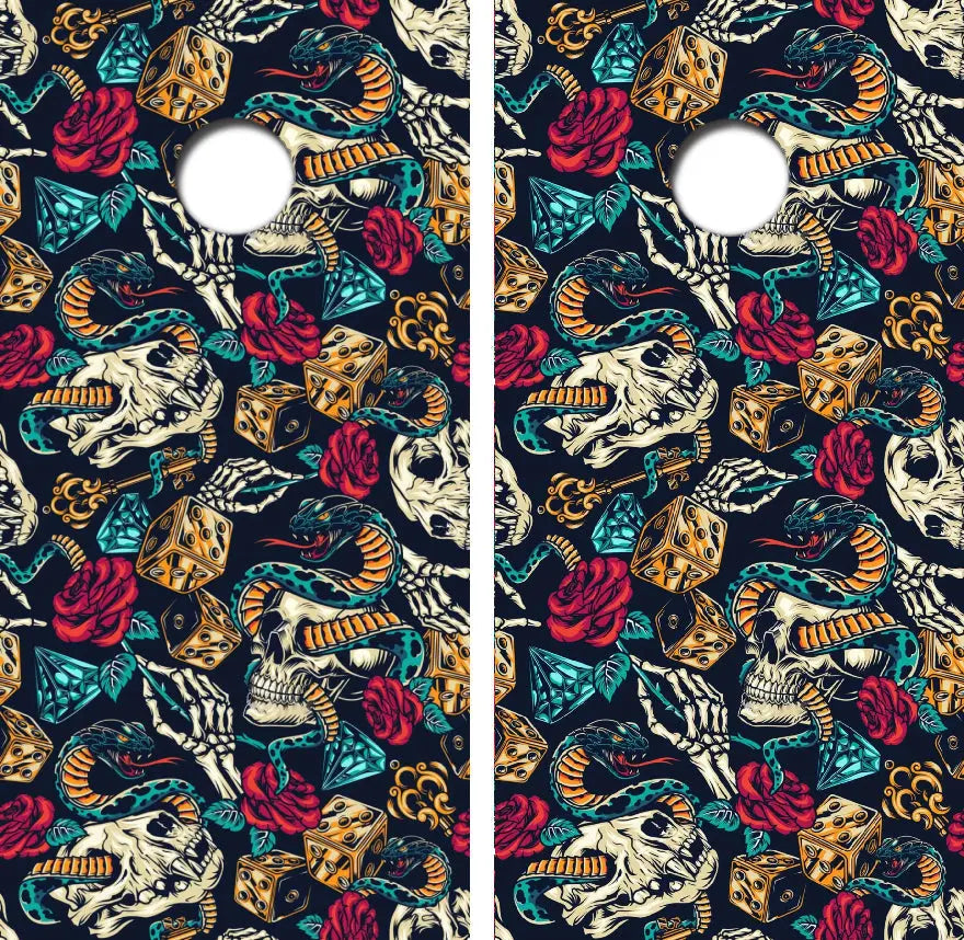 Retro Art Skull, Snake, Roses, & Dice Cornhole Wrap Decal with Free Laminate Included Ripper Graphics