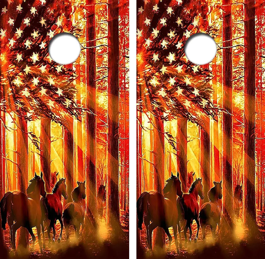 Wild Horses American Flag Cornhole Wrap Decal with Free Laminate Included Ripper Graphics