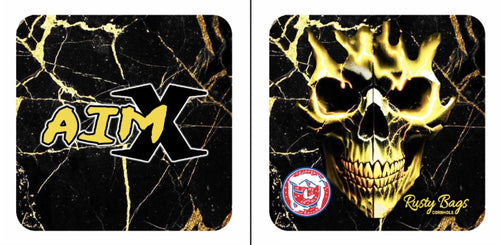 AIM X - ACO STAMPED -BLACK GOLD SKULL - Pro Cornhole Bags KT Cornhole Wraps and Boards