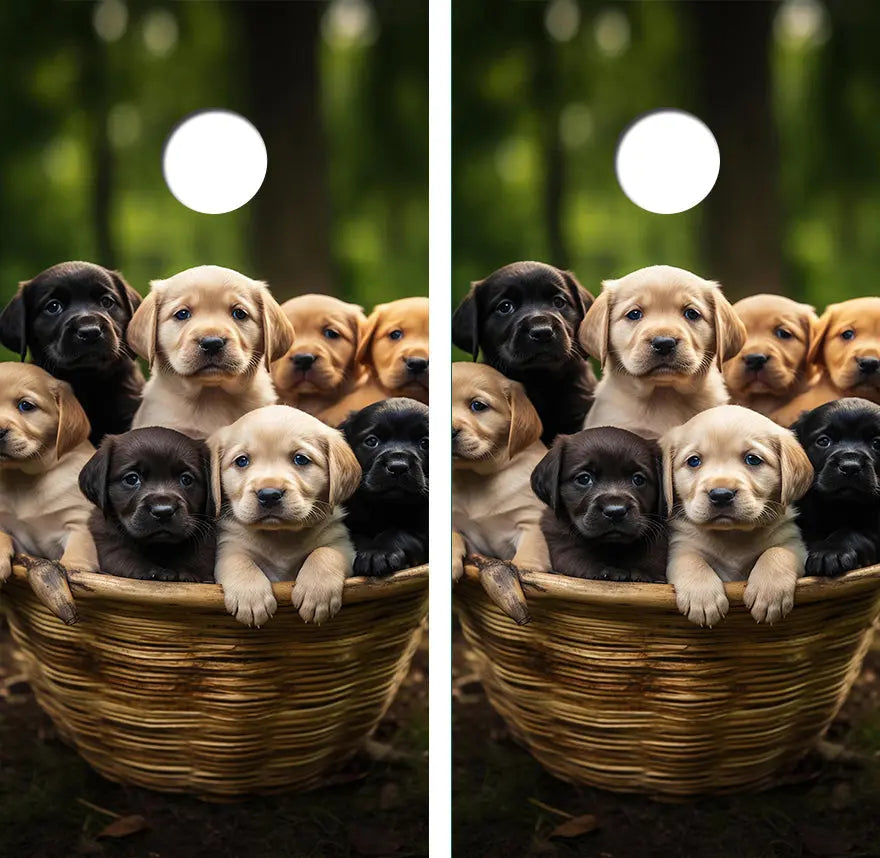 Basket of Cute Chocolate Labrador Retreive Puppies Cornhole Wood Board Skin Wrap Ripper Graphics