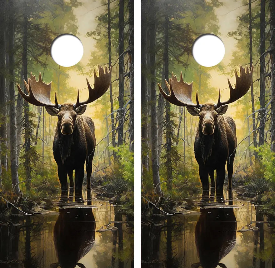 Bull Moose in Woods Cornhole Wood Board Skin Wrap Ripper Graphics