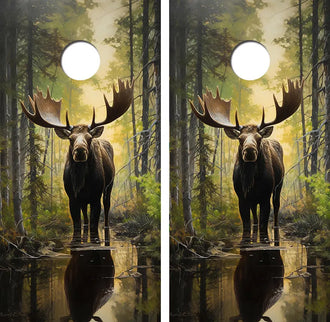 Bull Moose in Woods Cornhole Wood Board Skin Wrap Ripper Graphics