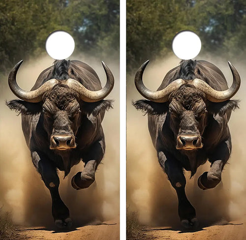 Charging African Cape Buffalo Cornhole Wood Board Skin Wrap Ripper Graphics