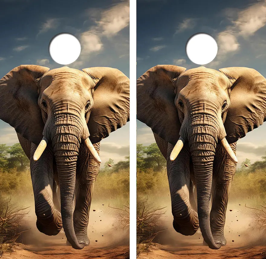 Charging African Elephant Cornhole Wood Board Skin Wrap Ripper Graphics