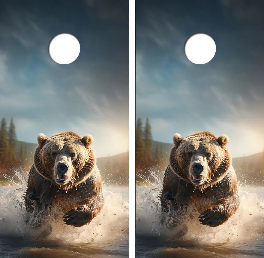 Charging Grizzly Bear Cornhole Wood Board Skin Wrap Ripper Graphics