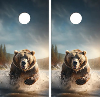 Charging Grizzly Bear Cornhole Wood Board Skin Wrap Ripper Graphics
