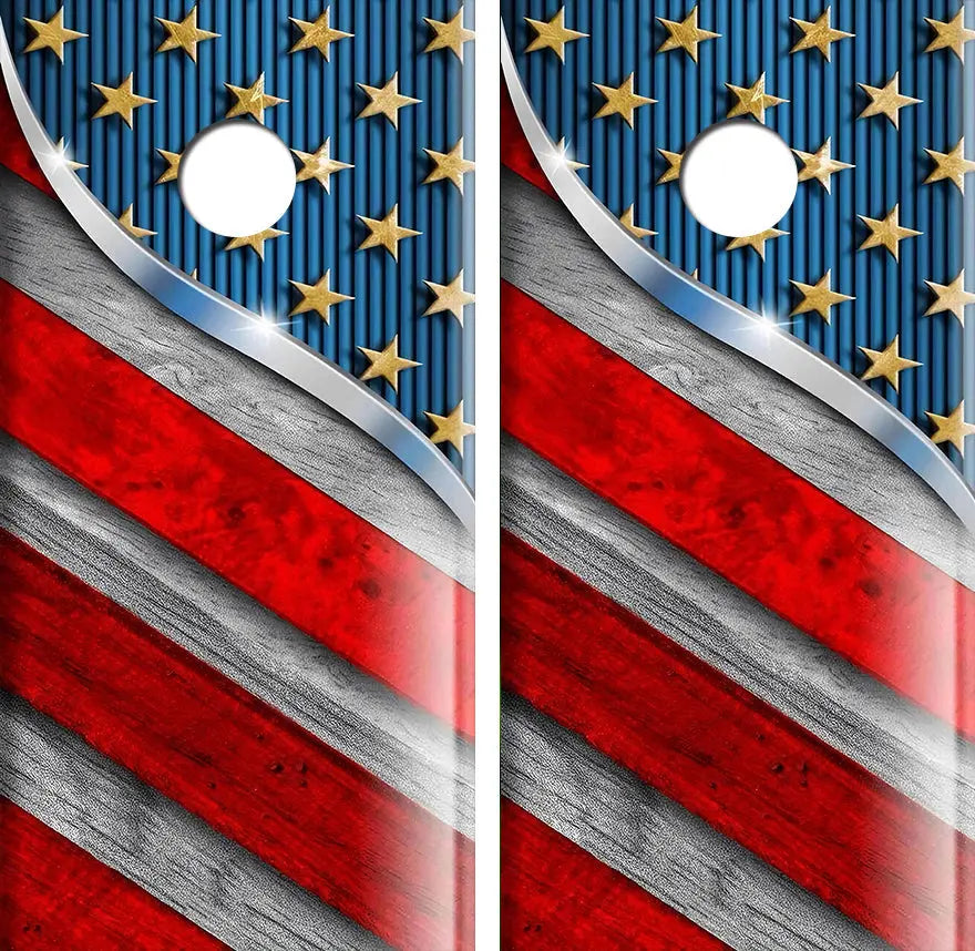 Chrome American Flag Cornhole Wood Board Skin Wrap Ripper Graphics