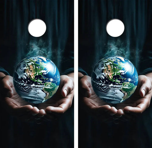 Earth in the Palm of Our Hands Cornhole Wood Board Skin Wrap Ripper Graphics