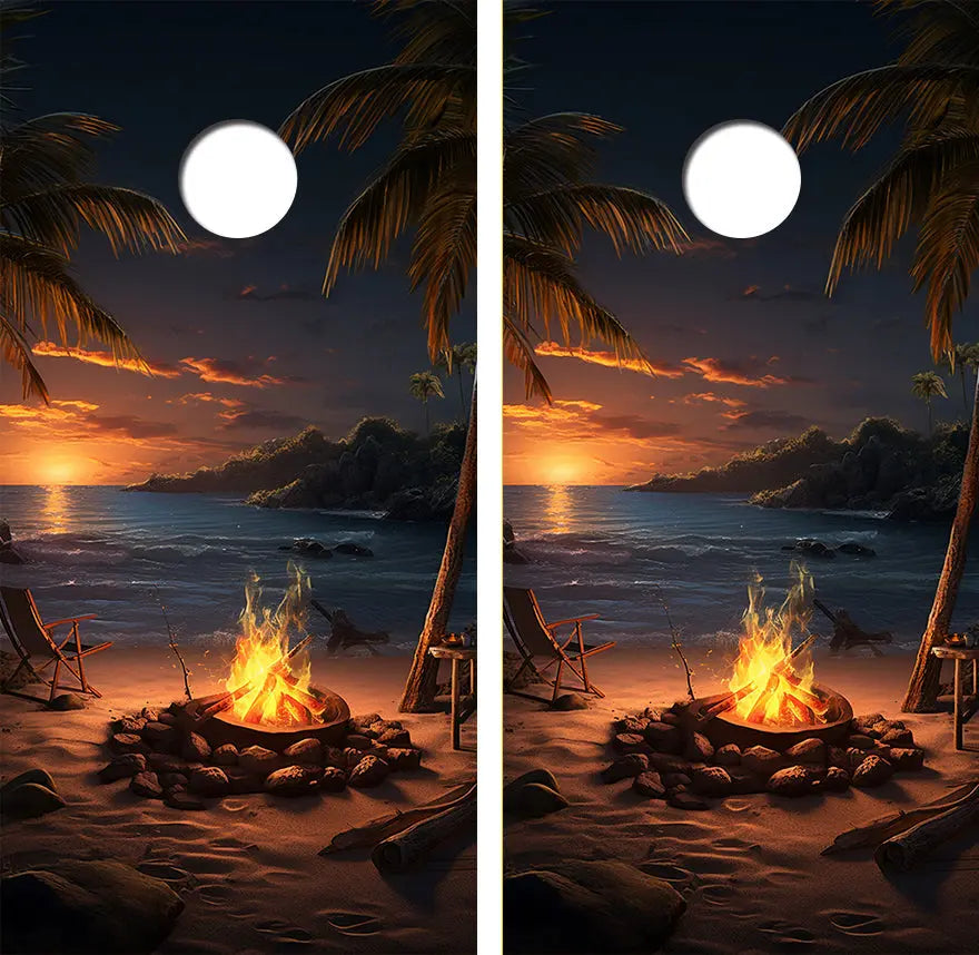 Fire on the Beach at Sun Set Cornhole Wood Board Skin Wrap Ripper Graphics