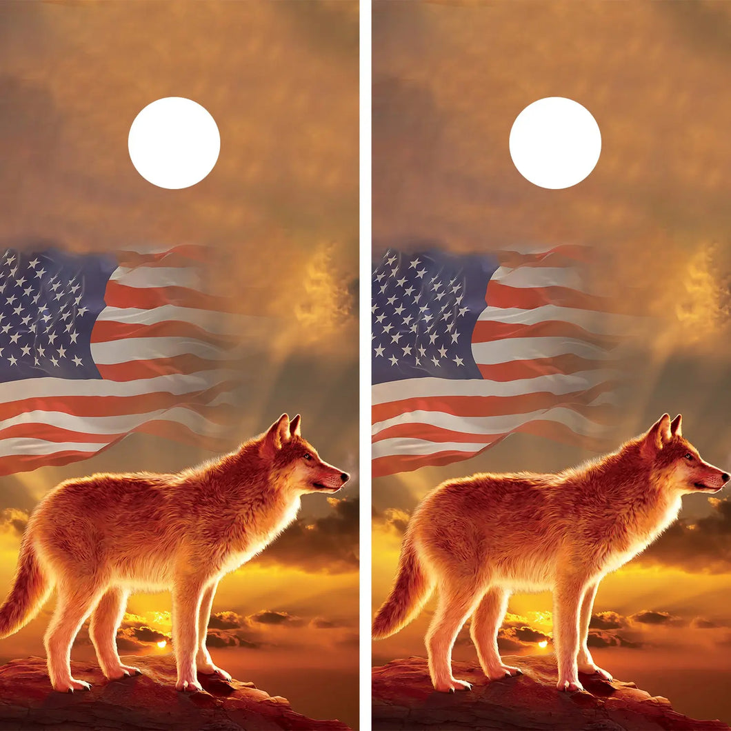 KT Cornhole - Sunset Wolf USA laminated Cornhole Vinyl Wraps / Sticker KT Cornhole Wraps and Boards