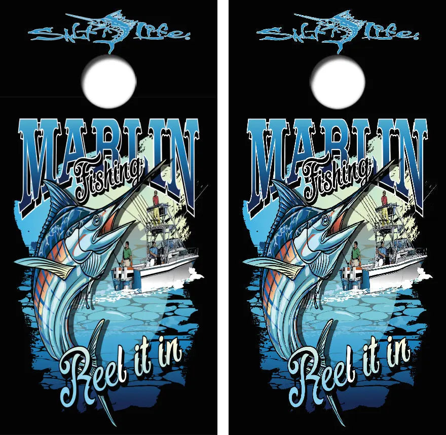 Marlin Fishing Reel It In Cornhole Wrap Decal with Free Laminate Included Ripper Graphics
