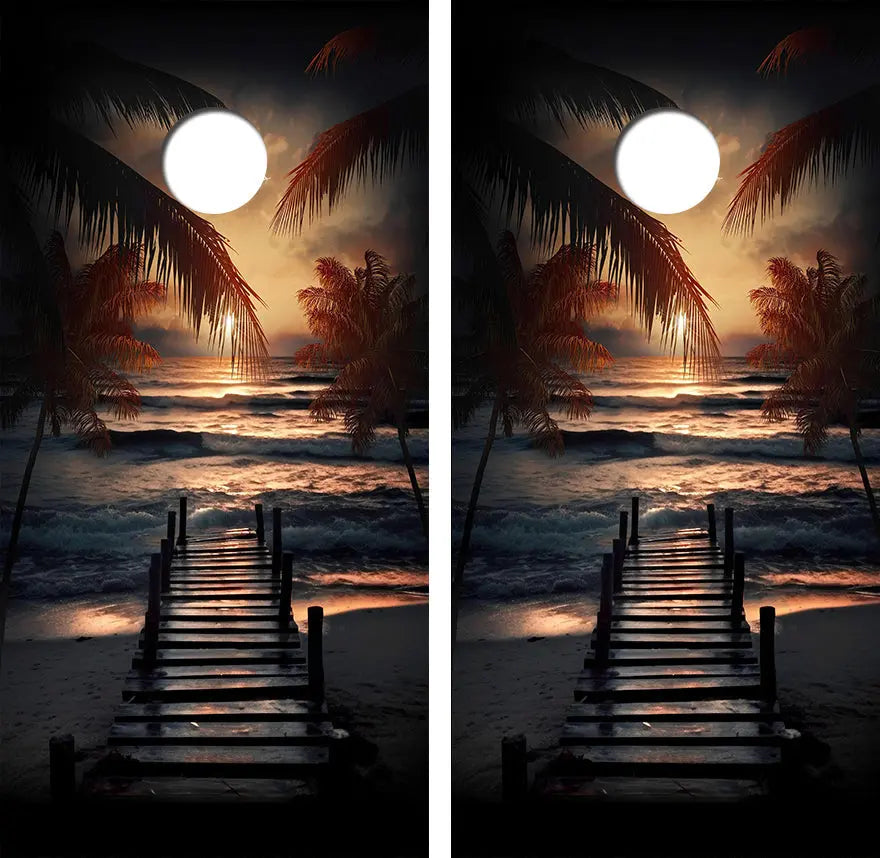 Moon Lit Pier Cornhole Wood Board Skin Wrap Ripper Graphics