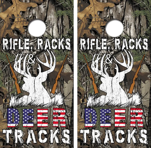 Rifle, Racks & Deer Tracks Cornhole Wrap Decal with Free Laminate Included Ripper Graphics