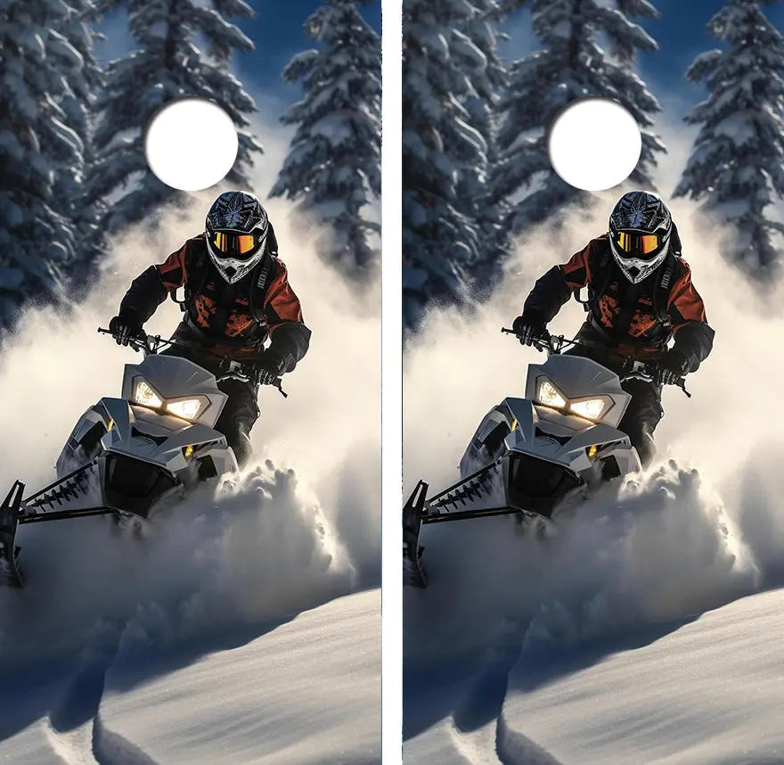 Snowmobiling in the Mountains Cornhole Wood Board Skin Wrap Ripper Graphics