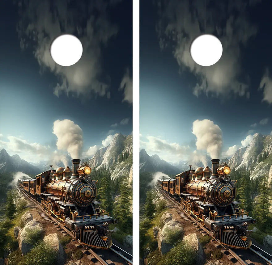 Steam Punk Style Train Cornhole Wood Board Skin Wrap Ripper Graphics