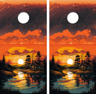 Sunset at the Cabin on the Lake Cornhole Wood Board Skin Wrap Ripper Graphics