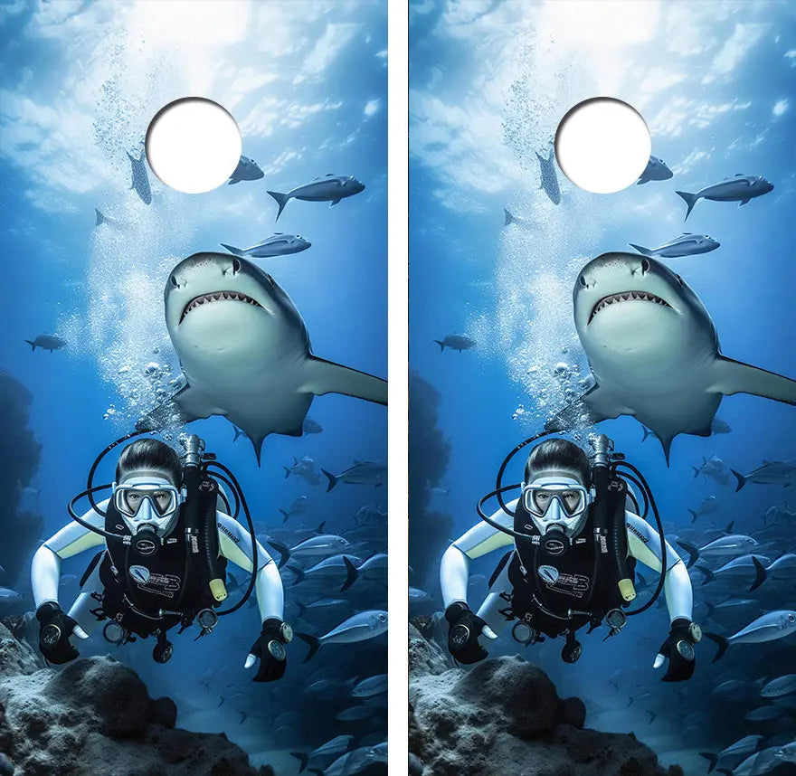 Swimming With Sharks Cornhole Wood Board Skin Wrap Ripper Graphics