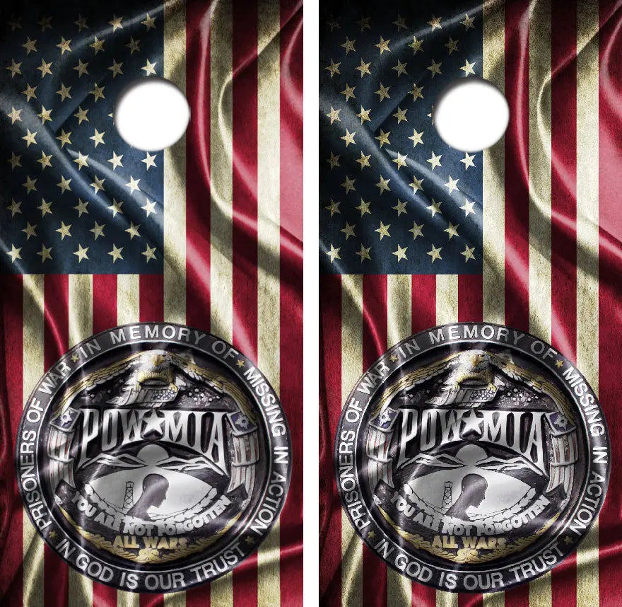 Wavy POW/MIA American Flag Cornhole Wrap Decal with Free Laminate Included Ripper Graphics