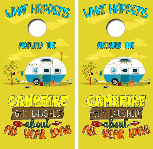 What Happens Around the Campfire Cornhole Wrap Decal with Free Laminate Included Ripper Graphics
