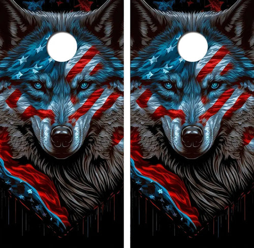 Wolf American Flag Cornhole Wood Board Skin Wrap Ripper Graphics