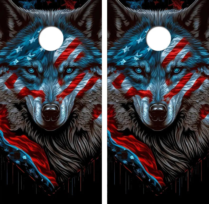 Wolf American Flag Cornhole Wood Board Skin Wrap Ripper Graphics