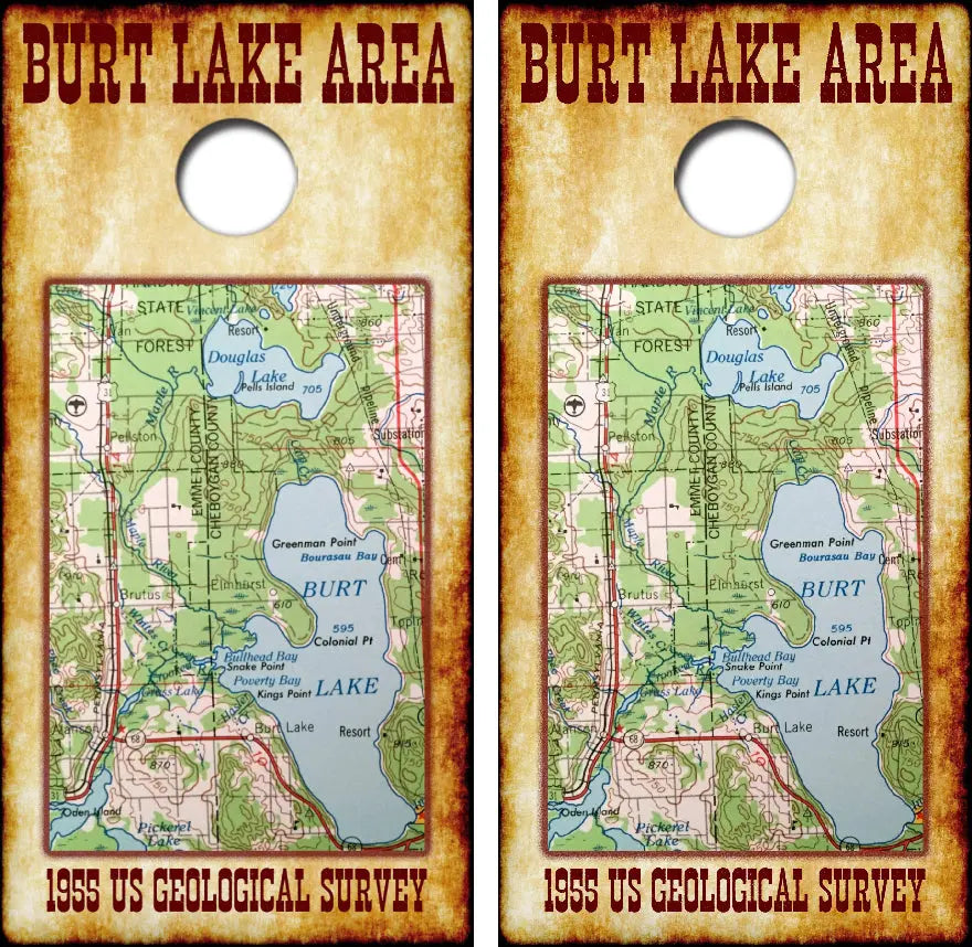 1955 Burt & Douglas Lake Map Cornhole Wrap Decal with Free Laminate Included Ripper Graphics