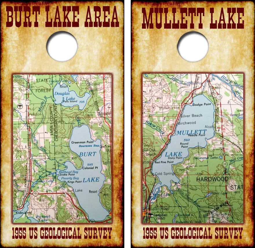 1955 Burt & Mullett Lake Map Cornhole Wrap Decal with Free Laminate Included Ripper Graphics