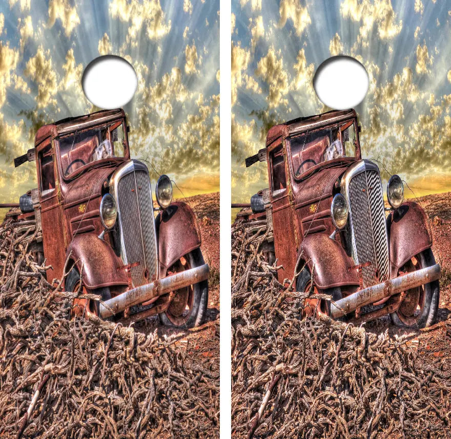 Abandoned Rusty Pick Up Truck Cornhole Wrap Decal with Free Laminate Included Ripper Graphics