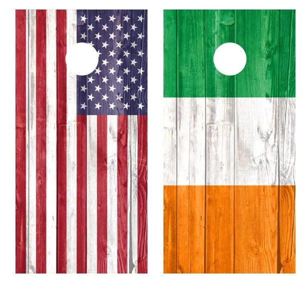 American & Irish Flags Barnwood Cornhole Wood Board Skin Wrap Ripper Graphics