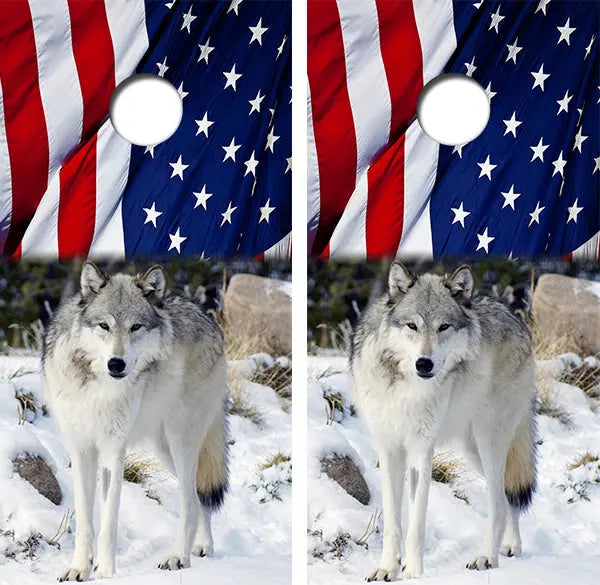 Arctic Wolf American Flag Cornhole Wood Board Skin Wrap Ripper Graphics
