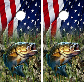 Bass Fish American Flag Cornhole Wood Board Skin Wrap Ripper Graphics