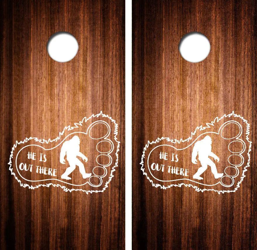 Bigfoot He Is Out There Cornhole Wrap Decal with Free Laminate Included Ripper Graphics