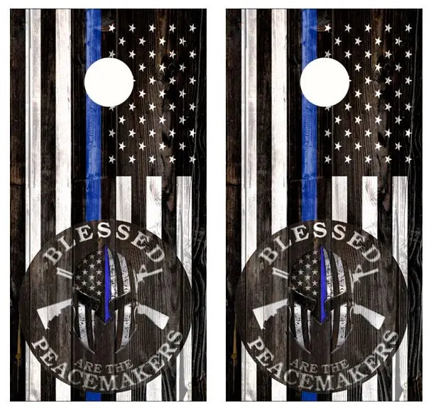 Blessed Are The Peacemakers Blue Line Flag Cornhole Wood Board Skin Wrap Ripper Graphics