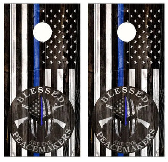 Blessed Are The Peacemakers Blue Line Flag Cornhole Wood Board Skin Wrap Ripper Graphics