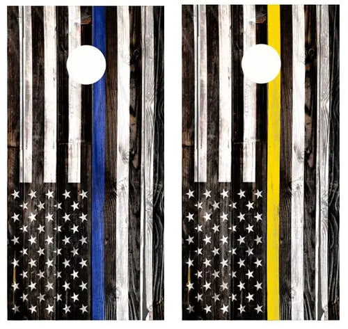 Blue And Yellow Line Flags Cornhole Wood Board Skin Wrap Ripper Graphics