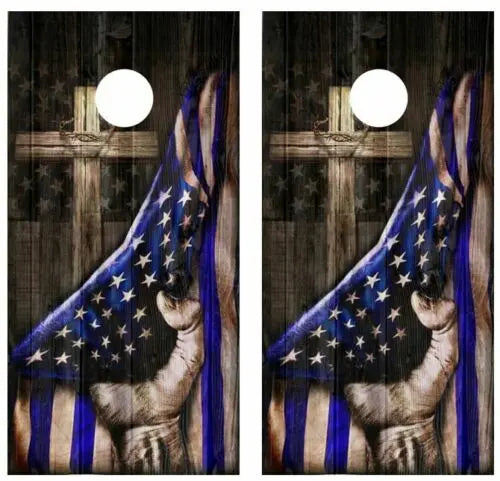 Blue Lives Cross Barnwood Cornhole Wood Board Skin Wraps FREE L Ripper Graphics