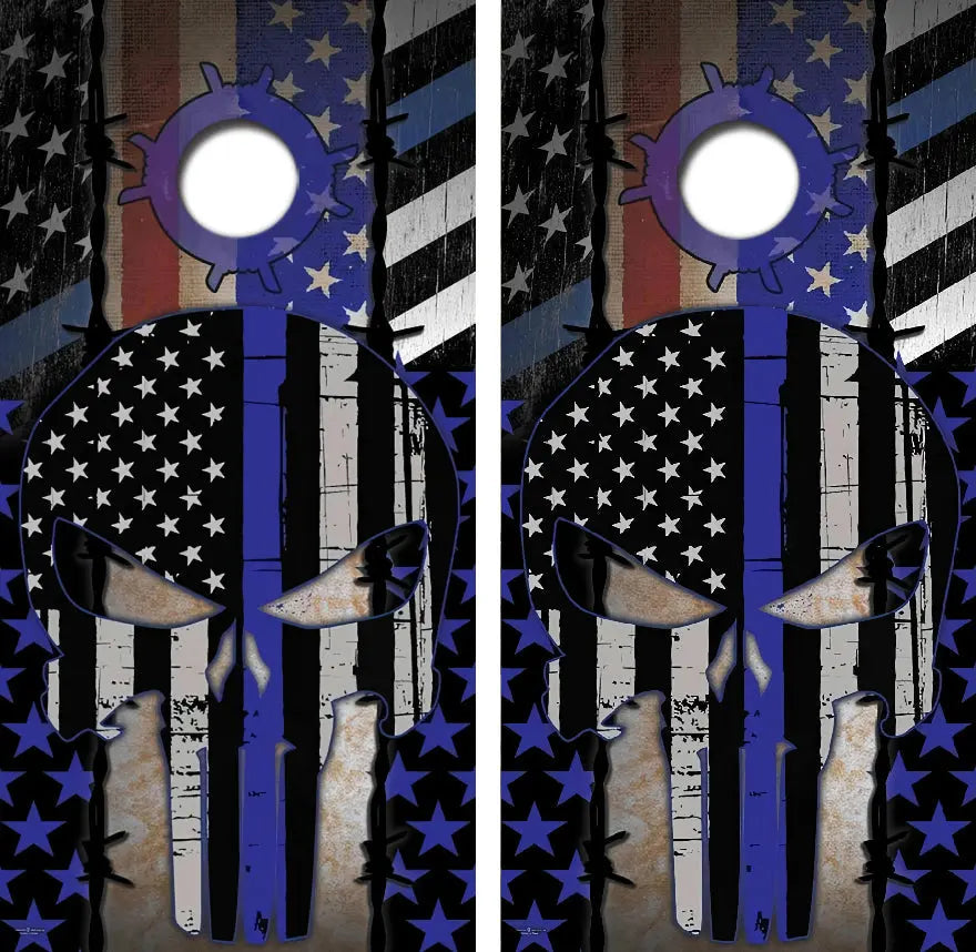 Blue Lives Matter Punisher Skull Cornhole Wrap Decal with Free Laminate Included Ripper Graphics
