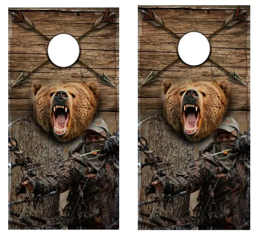 Bow Hunter With Bear Cornhole Wood Board Skin Wraps FREE LAMINATE Ripper Graphics