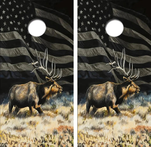 Bull Elk American Flag Cornhole Wrap Decal with Free Laminate Included Ripper Graphics