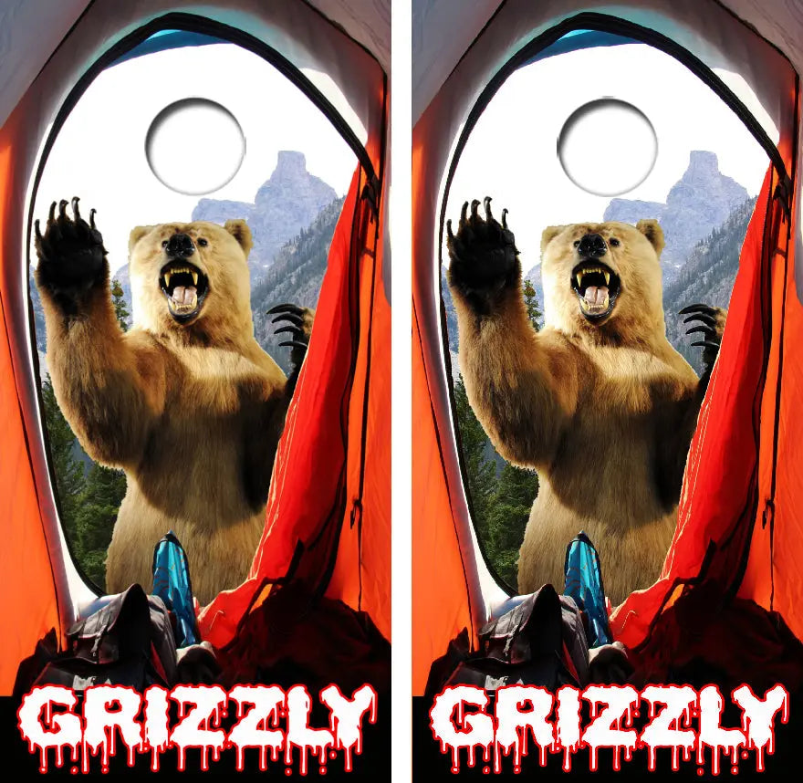 Camping Grizzly Bear Horror Cornhole Wrap Decal with Free Laminate Included Ripper Graphics