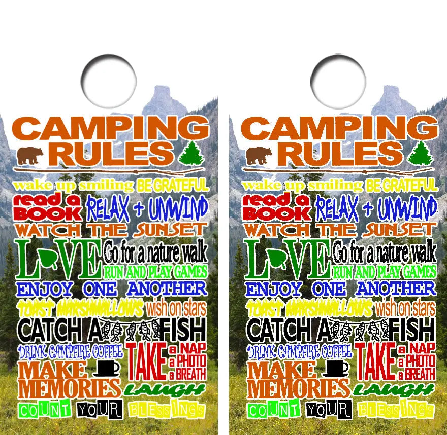 Camping Rules Cornhole Wrap Decal with Free Laminate Included Ripper Graphics