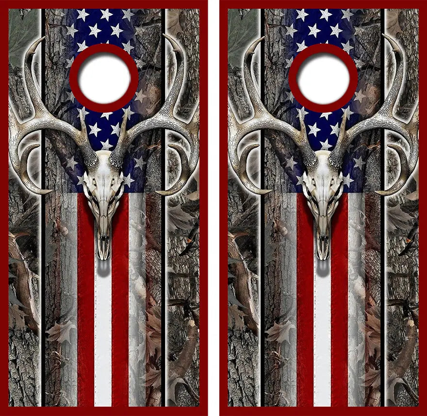 Deer Skull American Flag Cornhole Wrap Decal with Free Laminate Included Ripper Graphics