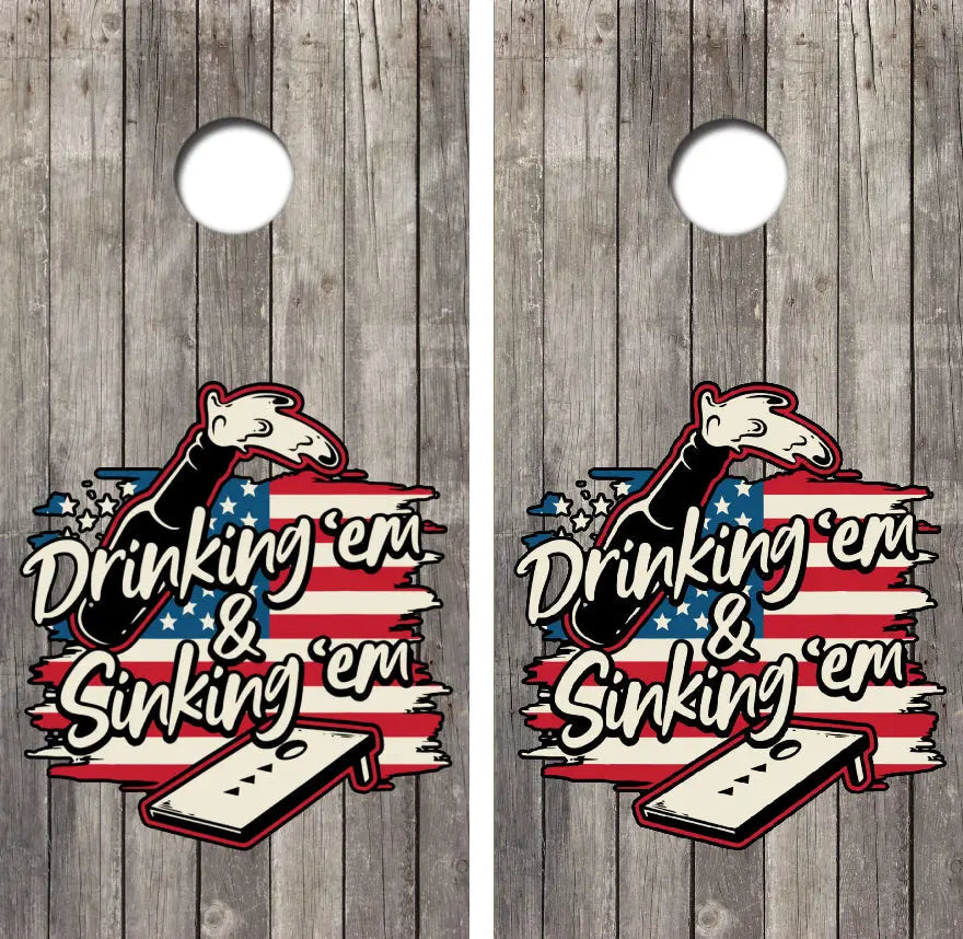 Drinking 'Em & Sinking 'Em Cornhole Wrap Decal with Free Laminate Included Ripper Graphics