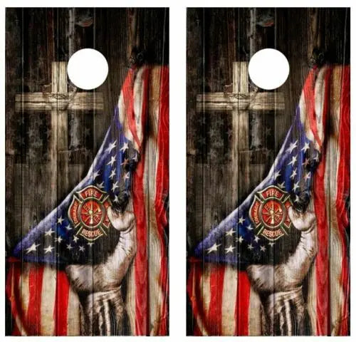 Firefighter Cross Barnwood Cornhole Wood Board Skin Wraps FREE LAMINA Ripper Graphics