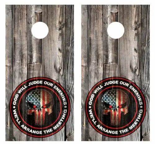 God Will Judge... Barnwood Cornhole Wood Board Skin Wrap Ripper Graphics