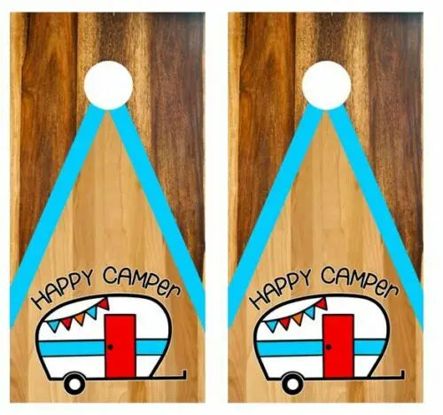 Happy Camper Two Tone Wood Cornhole Wood Board Skin Wraps Ripper Graphics