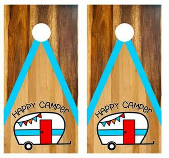 Happy Camper Two Tone Wood Cornhole Wood Board Skin Wraps Ripper Graphics