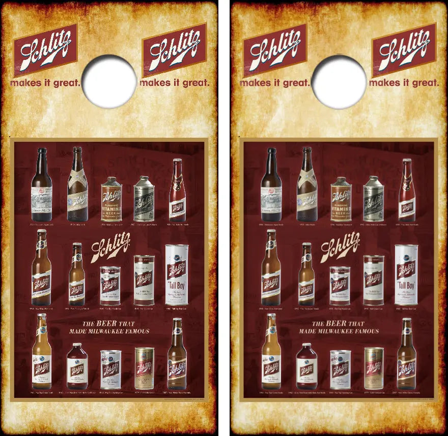 History Of Schlitz Beer Packaging Cornhole Wrap Decal with Free Laminate Included Ripper Graphics